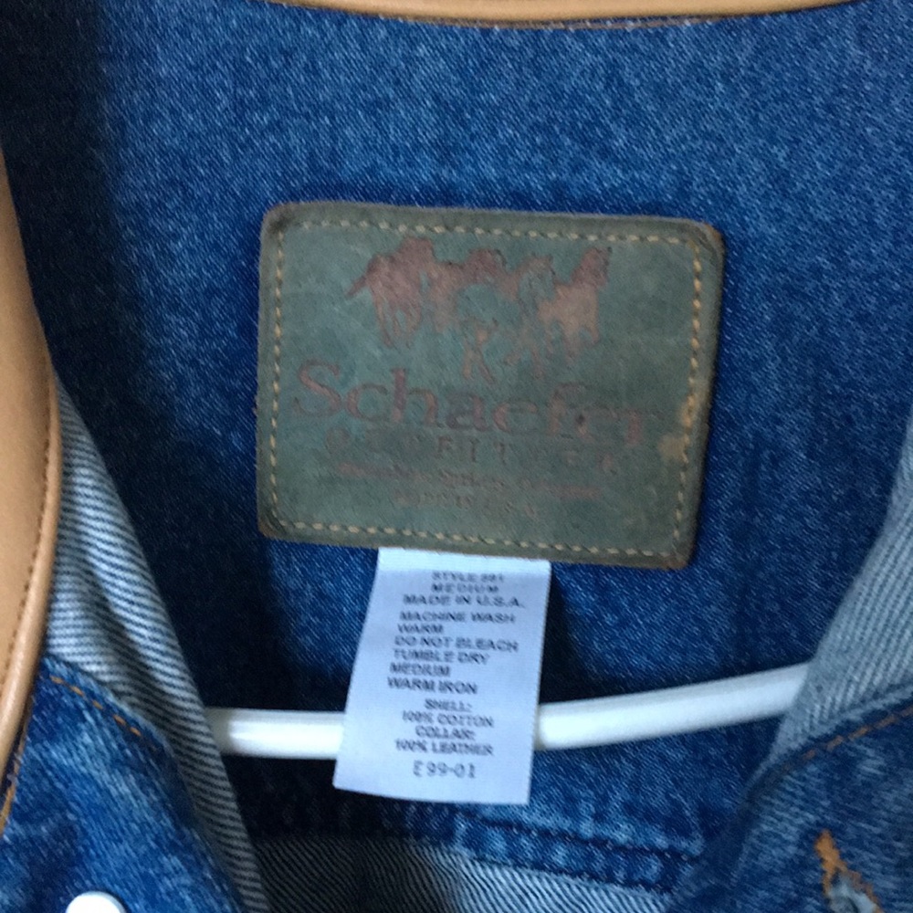 Shaffer fitters jean jacket with tan collar